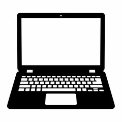 Fototapete - This high-quality vector graphic features a solid black minimalist laptop icon with a white screen, keyboard, and trackpad, emphasizing clean design and fine details.