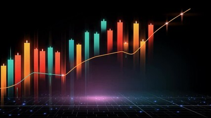 Aufkleber - Vibrant Candlestick Chart with Glowing Red, Green, and Blue Bars on Dark Background Showcasing Financial Trends, Futuristic Grid, and Upward Trend Line for Growth and Success