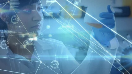 Aufkleber - Lifting flask causing digital overlay, female scientist rotating and analyzing orange sample in lab