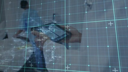 Poster - Hand picking tablet and tapping screen while colleagues reviewing tech schematics and data charts