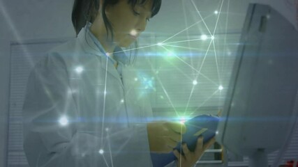 Poster - Lab technician tapping tablet screen and initiating animated network overlays for data analysis