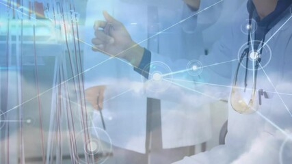 Poster - Medical researchers tapping test tubes using stylus-triggered network overlay while analyzing links