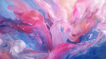 Poster - Swirling liquid forms a textured abstract shape. Pink, blue, and white blend with small bubbles creating a dynamic flowing composition.