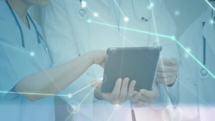 Poster - Doctor tapping tablet scrolling patient info as colleagues pointing with data overlay collaborating