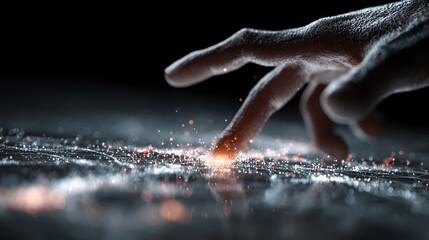 Poster - Futuristic digital interface with a hand interacting with glowing data particles on a virtual surface.