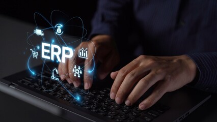 Poster - ERP platform visual showing centralized system for enterprise resource planning, improving integration, data flow, business efficiency, finance, inventory, and human resources. Muxer
