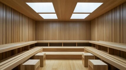 Poster - A cozy room with natural light from skylights, featuring wooden benches for seating