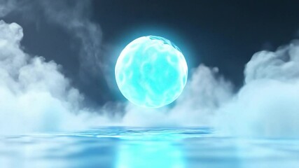 Poster - Ethereal Glow: Mystical cyan orb floats above a tranquil ocean, enveloped in ethereal clouds, creating a surreal dreamscape.