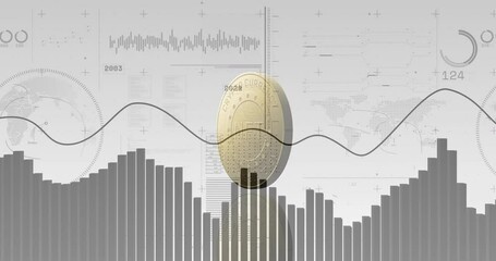 Poster - Upon launch digital NFT coin spinning, demonstrating real-time crypto data with rising graphs