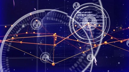 Poster - Rotating 3D globe initiating orange nodes forming network as scanning rings revealing user profiles
