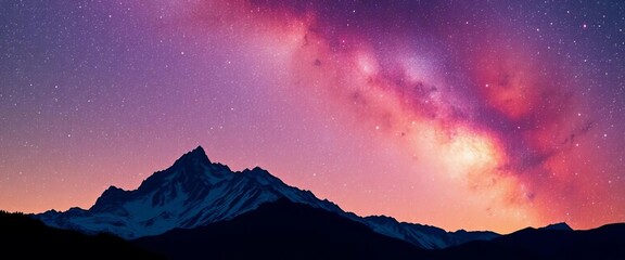 Wall Mural - Majestic mountain silhouette under a vibrant, star-filled cosmic night sky, mystical, banner
