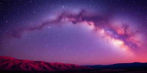 Wall Mural - Majestic Milky Way arching over purple night sky, illuminating pink-hued hills  ,  horizon,  darkness