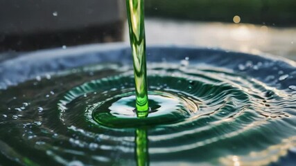 Poster - a shot of a green liquid flowing into a blue bowl, perfect for health or science-related concepts