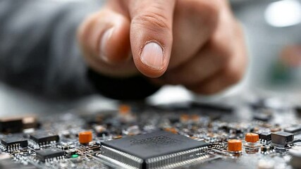 Poster - Close-up of a Finger Touching a Computer Circuit Board, Technology Concept