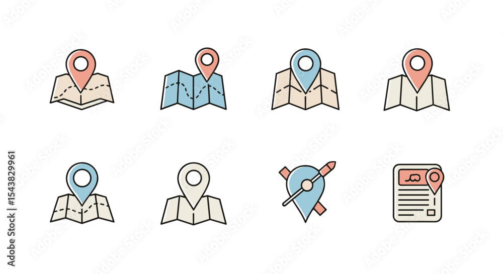 Map and location pin vector icons for navigation apps and travel guide ...