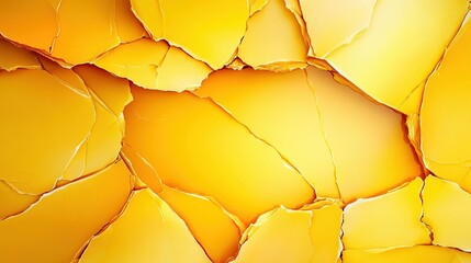 Poster -   A close-up photo of a yellow wall featuring a central crack and a yellow clock positioned adjacent to it