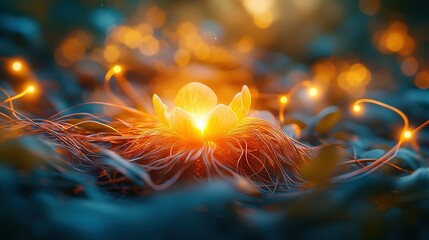 Poster -   A close-up of a flower on a bed of grass, lit brightly in the center