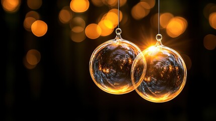 Poster -   Two glass ornaments dangle from a string in front of a bouquet of lit bulbs