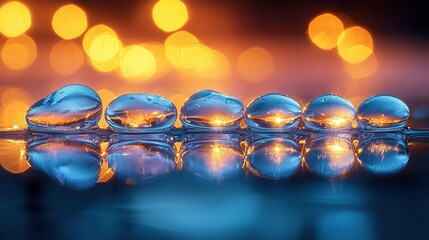 Poster -   Water droplets on a reflective surface against an orange-blue background