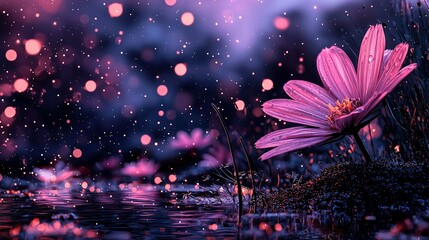 Poster -   Pink flower atop lush green field by water under purple sky