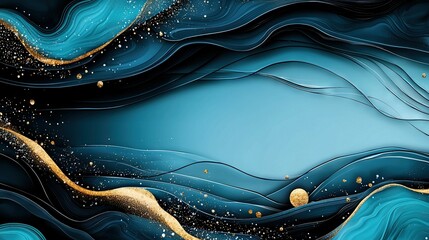 Poster -   A golden wave with azure hues and dazzling golden specks adorning its base