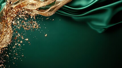 Poster -   A zoom-in of a vibrant green and golden cloth, showing gold sparkles peeking from the folding seams of the material