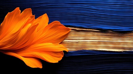 Poster -   A vibrant orange blossom atop a tricolor sheet of paper on a brown wooden tabletop