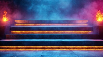 Poster -   Steps illuminated with red and yellow lights against a backdrop of blue and pink smoke
