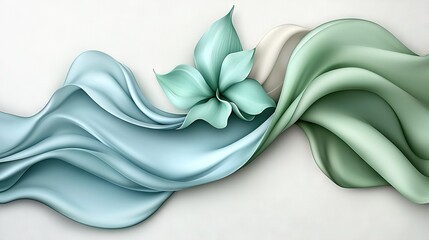 Poster -   A stunning painting of a blue and green wave featuring a vibrant flower on one side and a beautiful green blossom gracing the other