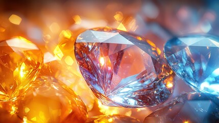 Poster -   A close-up of a diamond surrounded by numerous diamonds against a blue and yellow background, with lights illuminating the scene