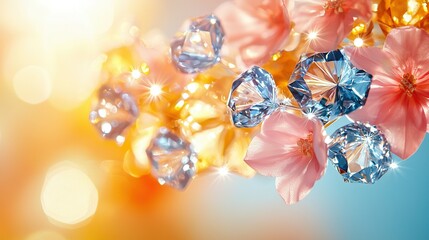 Poster -  Close-up of diamonds on blue-yellow background with pink foreground flowers