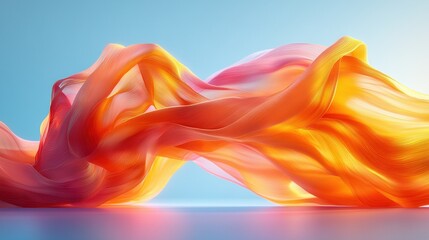 Poster -  Orange-pink fabric flows on blue background, with light blue sky