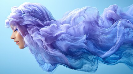 Poster -   A woman wearing a blue and purple dress stands against a blue backdrop as her dress billows in the wind