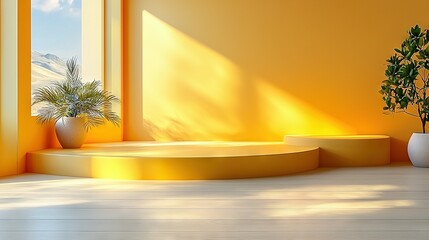 Poster -   A potted plant sits atop a yellow shelf beside another potted plant in front of a window