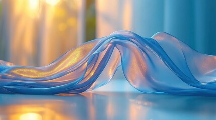 Poster -   A blue cloth rests atop a table beside a window with sunlight filtering through the curtains