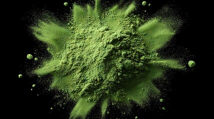 Poster -   A detailed image of a green powdery item surrounded by tiny green specks against a dark background