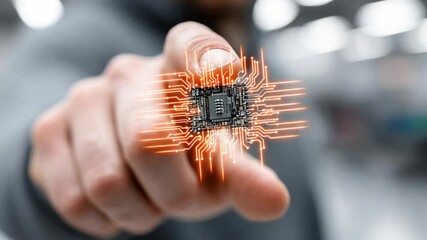 Poster - Man points to glowing microchip, futuristic technology concept, innovation and connectivity, artificial intelligence