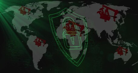 Poster - Green beams sweeping map, smartphone outline emerging, shield intensifying glow showing security