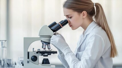 Poster - Scientist studying microscopic specimen, suitable for education or research purposes