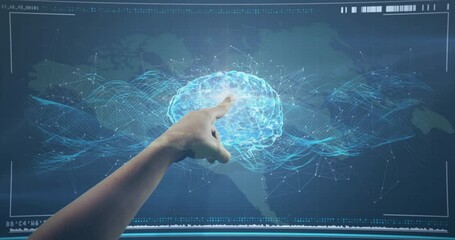 Poster - Finger touching display spawning sphere morphing globe into neural network brain visualizing data