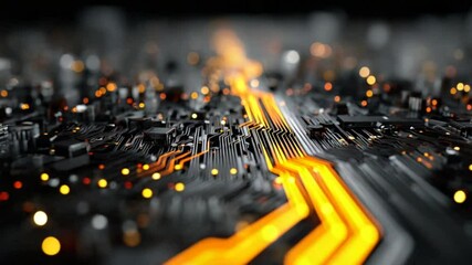 Poster - Futuristic Circuit Board with Glowing Orange Pathways and Bokeh Effect