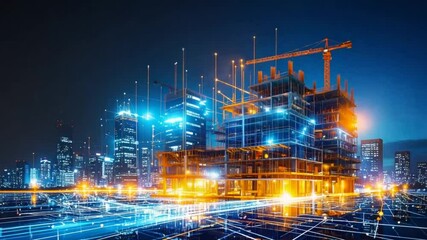 Poster - Futuristic Cityscape Construction Site with Digital Network and Glowing Lights at Night