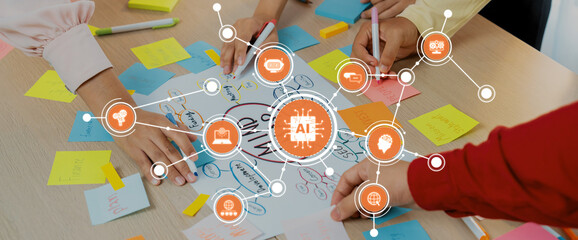Poster - A vibrant brainstorming scene captures diverse hands interacting with colorful sticky notes and a mind map centered on artificial intelligence, emphasizing teamwork and innovation. Amity