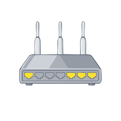 Poster - gray router with three antenna and yellow ports icon illustration on a black background