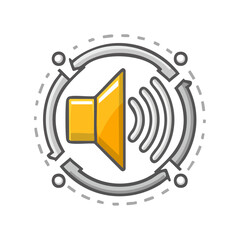 Poster - Yellow Volume Icon with sound waves in a circular design on black representing broadcasting and media communication