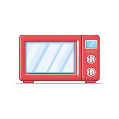 Poster - Red microwave oven appliance cooking food preparation kitchen equipment with knobs and display illustration vector