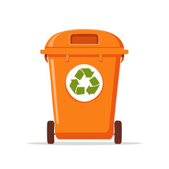 Poster - Vibrant orange recycling bin on wheels with green symbol for waste management and environmental protection initiatives simple flat design illustration