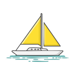 Poster - Minimalist sailboat illustration with bright yellow sails gliding on calm blue waters against a black background offering summer vibes