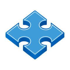 Poster - 3D Puzzle Piece Shape in Blue Isometric View on Black Backdrop