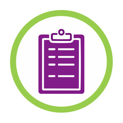 Poster - Purple clipboard with white lines inside a white circle with green border illustration on black backdrop